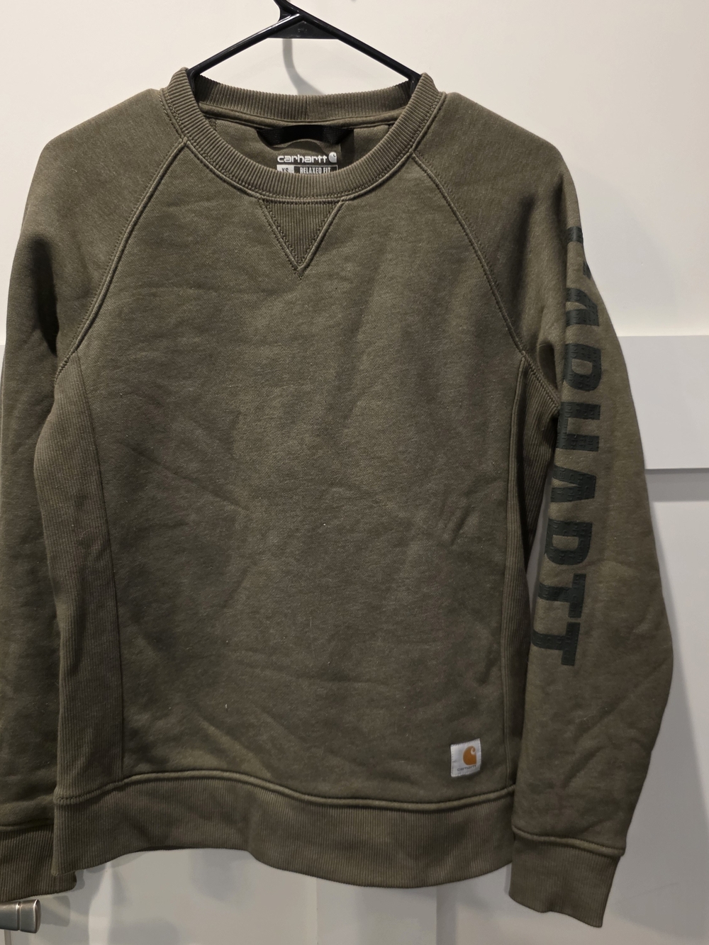 Carhartt Womens Relaxed Fit Crewneck Sweatshirt Olive Green Logo Sleeve XS 0/2